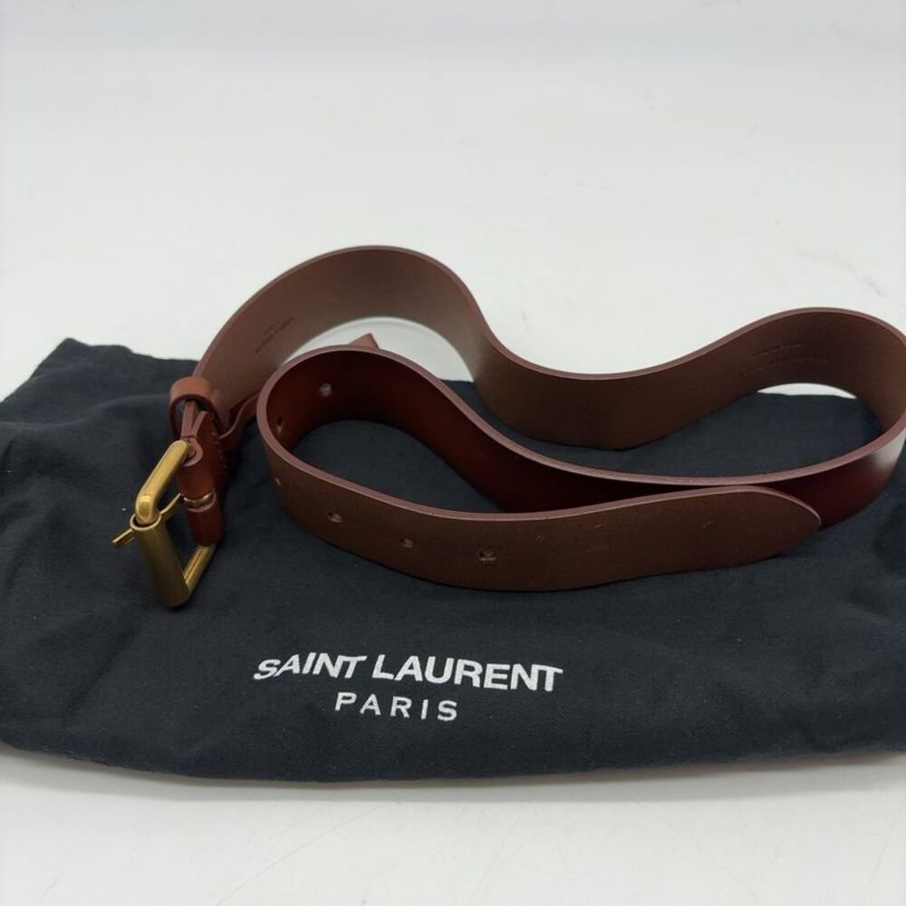 Saint Laurent Brown Leather Belt with Gold Buckle
